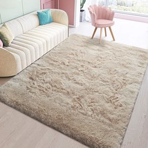 Toneed Fluffy Bedroom Rug, 4 X 6 Feet Shaggy Area Rug Modern Furry Rug, Beige - £30.02 GBP