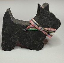 Handmade Wood Scottie Figurine Plaid Ribbon Collar Vintage Terrier Dog D... - $147.62 MXN