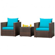 3 Pcs Patio Conversation Rattan Furniture Set with Cushion-Turquoise - £270.69 GBP