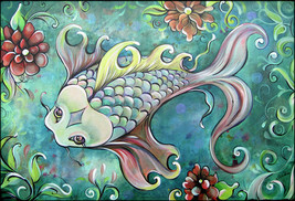 Emerald Koi fish swimming in flower garden pond ceramic tile mural backsplash - £47.47 GBP+