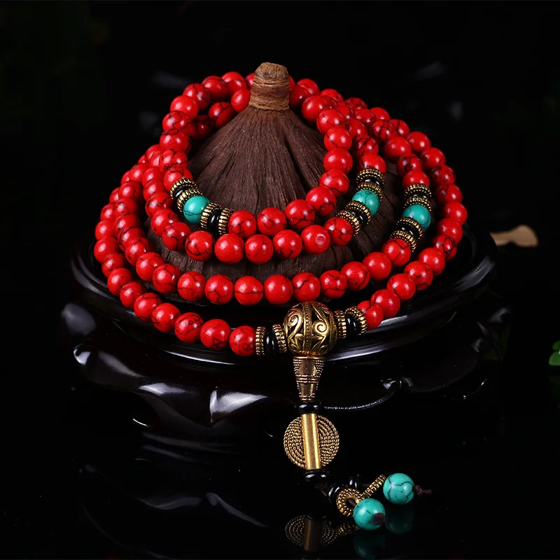 Wholesale Buddhist 108 Mala Prayer Bracelets 8MM Red Pine Stone Beads Women Men  - £19.92 GBP