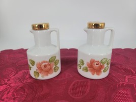 Vintage Oil and Vinegar Cruets Porcelain 4&quot;Tall Floral Hand Pained  Signed - £10.87 GBP