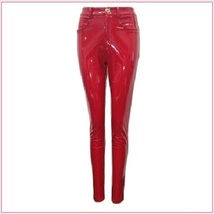 Bright Red Tight Fit Faux Leather High Waist Front Zip Up Legging Pencil Pants image 4