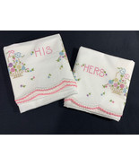2 Floral HIS &amp; HERS Embordered Linen Pillow Cases - Decorative Scalloped... - $296.52 MXN
