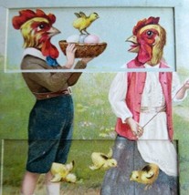 Easter Postcard German Mechanical Pull Tab Fantasy Humanized Roosters - £130.65 GBP