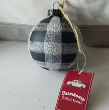 Ornament Set of 2  St Nicholas Square 3&quot;  Hanging Black &amp; Silver Plaid Sparkle - £11.86 GBP