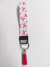 Wristlet Key Fob Keychain Faux Leather Pink Ribbon Breast Cancer with Tassel New - £6.15 GBP