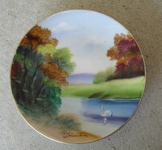 Beautiful Vintage Japan Hand Painted Plate Signed Swan on Lake LOOK - £13.16 GBP
