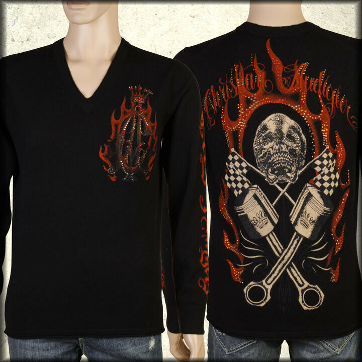 Christian Audigier Skull Piston Rhinestones Moto Mens V-Neck Sweater Black M-XXL - $155.99