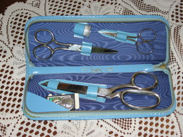 Scissors/Sewing Kit in Sky Blue Leather Case-Stainless Steel-Griffon-1950&#39;s - £14.30 GBP