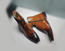 Handmade Men Brown Color Cap Toe Dress Formal Double Buckle Lace Up Boots - £124.18 GBP
