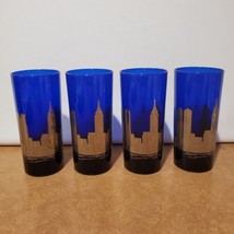 4 Vtg Cobalt Blue &amp; Silver New York Skyline Twin Towers Glass Tumblers Highballs - £77.85 GBP
