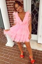 Pink Ruffled Layers Plunging V Neck Homecoming Dress Short Grad Dresses - £110.91 GBP
