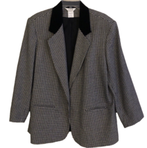 Vintage Wool Houndstooth Blazer Size 18 Black Velvet Collar  One Button Classic - £22.75 GBP