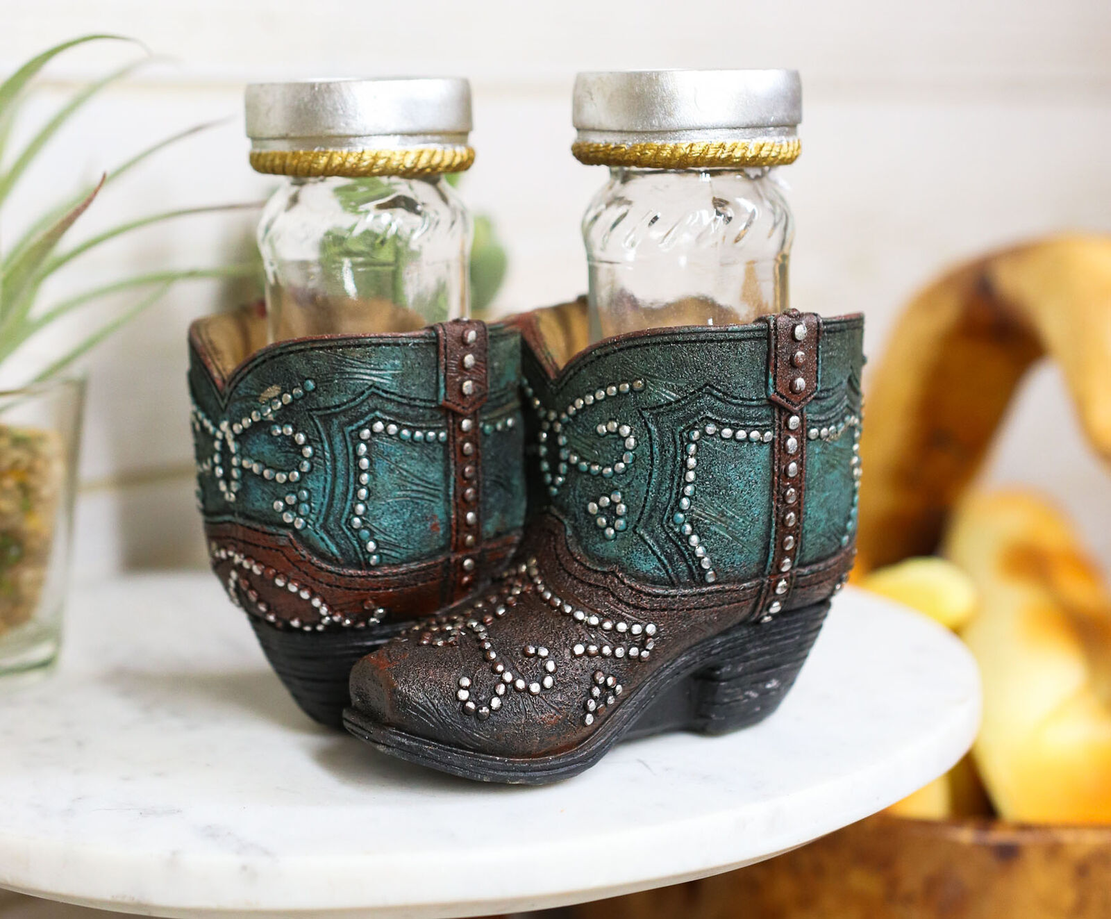Ebros Fancy Beads Turquoise Pair Of Cowgirl Boots Salt and Pepper Shaker... - $24.99