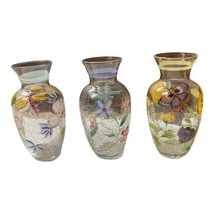 Set 3 Hand Painted Dragonfly Floral Butterfly Fifth Avenue Crackle Glass Vases - $92.54