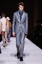 Gray Men Blazer Business Formal Lambskin 100% Handmade Genuine Leather S... - £94.92 GBP