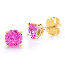 14K Solid Solid Yellow Gold October Pink Sapphire Round Cut Stud Earrings Push - £23.09 GBP