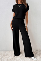 Black Ribbed Keyhole Short Sleeve Wide Leg Jumpsuit - $19.29