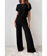 Black Ribbed Keyhole Short Sleeve Wide Leg Jumpsuit - $354.79 MXN