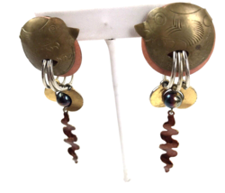 Vtg Earrings Artisan Statement Brass etched Bird Geo Metal Pierced Mod danglers - £31.03 GBP