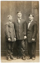 RPPC Real Photo Postcard: Three Young Men in Suits AZO Postcard 1904-1918 NAMED - £10.30 GBP