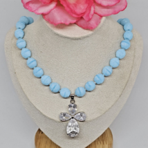 Silver Tone Clear Crystal Cross Pendant Blue Glass Beaded Choker Necklace - £24.01 GBP
