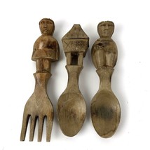 Vtg Tribal Wood Spoons and Fork Salad Hand Carved Figural Serving Set ru... - $19.79