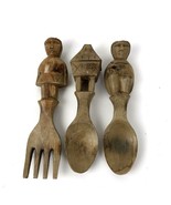 Vtg Tribal Wood Spoons and Fork Salad Hand Carved Figural Serving Set ru... - $19.79