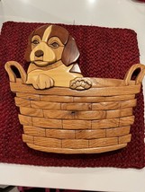 Vintage Wooden Intarsia Puppy Dog Basket Wall Plaque Collectible Animal Pets - £52.24 GBP