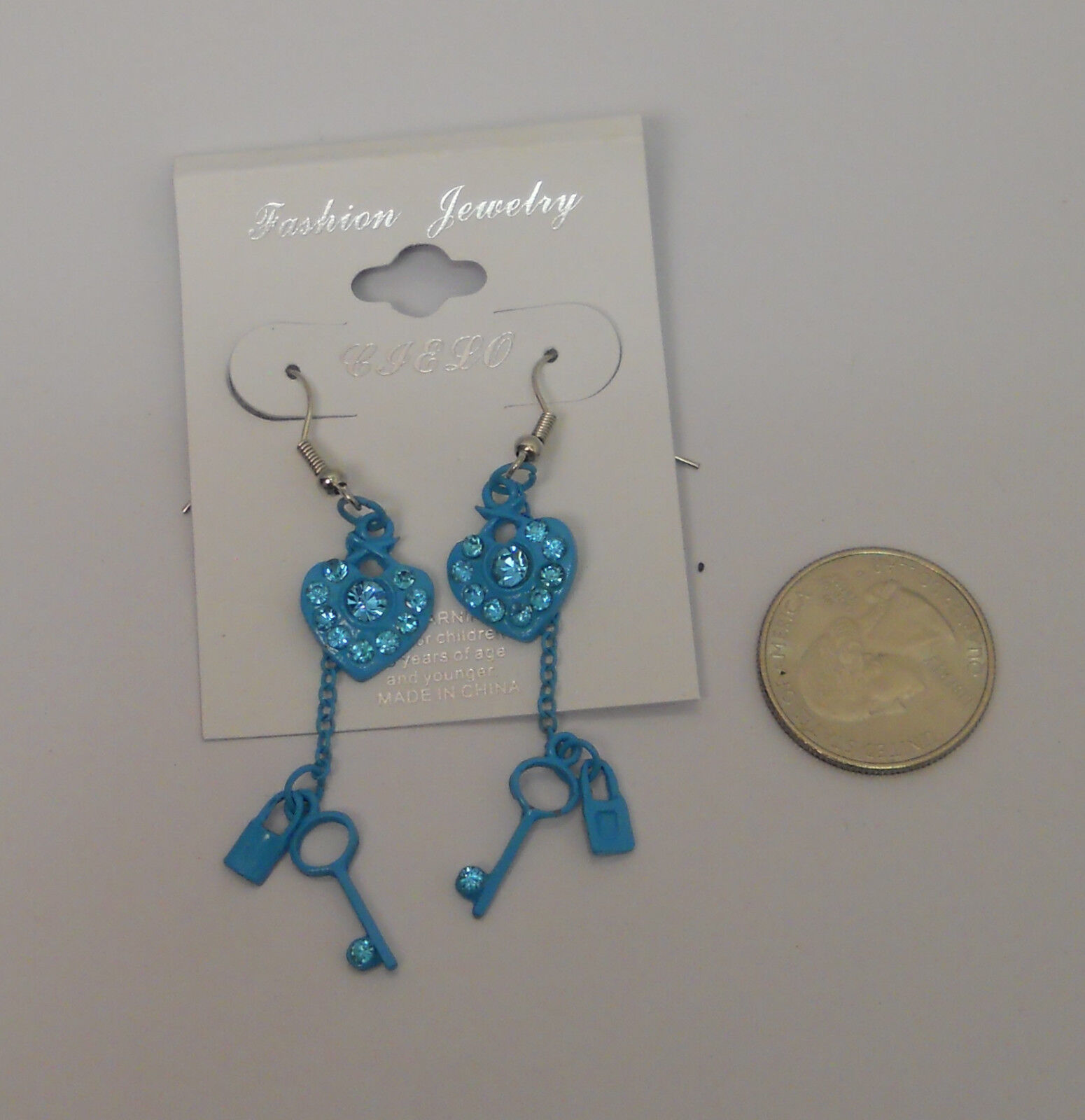 Fashion Jewelry Ladies Drop Dangle Earrings Blue Hearts Key Lock Rhinestones - £4.71 GBP