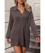 Collared Neck Long Sleeve Sweater Dress with Pockets - $55.49 CAD