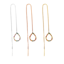 18K 14K 9K Gold Teardrop Rainbow Sapphire Threader Earrings, Chain Ear Thread - £216.63 GBP+