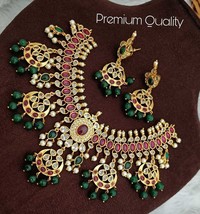 Indian Gold Plated Bollywood Style CZ Ruby Temple Choker Necklace Jewelry Set - £75.13 GBP