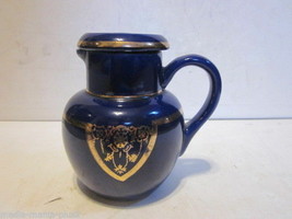 Vintage Fraunfelter Pottery Blue Glaze &amp; Gold Design Thermo Proof Small Jug - £7.98 GBP