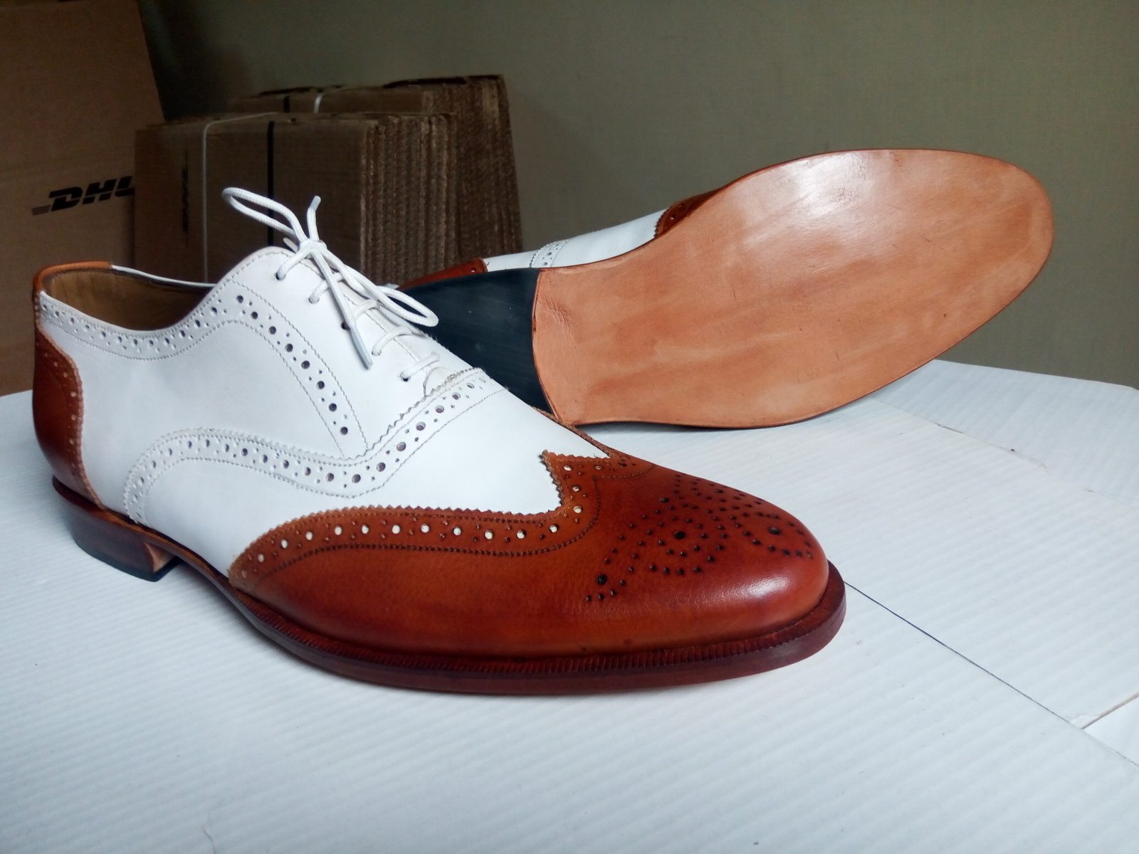 New Handmade Men Oxford Shoes, White Brown Wing Tip Leather Formal Tuxedo Shoes