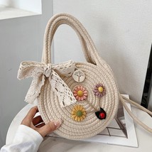 Flower Round Woven Top-Handle Bags Summer Handmade Women  Circular Bag Fashion C - £50.59 GBP