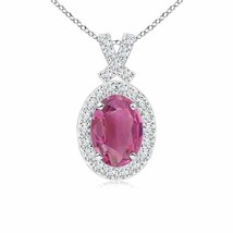 ANGARA Vintage Style Pink Tourmaline Pendant with Diamond Halo in 14K Solid Gold - £726.07 GBP