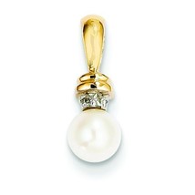 14K Gold Diamond &amp; Freshwater Cultured Pearl Pendant Charm Jewelry 14mm x 5mm - £65.28 GBP