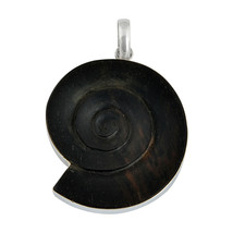 Artisan Crafted Sterling Silver and Carved Ammonite Ebony Wood Jewelry Pendant - $16.75