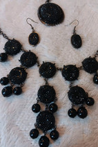 Black Textured Shiny Vintage Look Earrings And Two Necklaces Set - £10.81 GBP