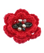 Handmade Red Crochet Flower with Pearl Stone and Crystal Brooch Pin - £11.25 GBP