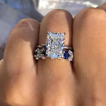 6Ct Radiant Cut Simulated Diamond Blue Sapphire Bridal Wedding Ring Set Silver - £94.57 GBP