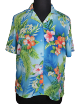 BonWorth Blue Floral Hawaiian Oversize Button Up Blouse Camp Shirt Size M Petite - £19.75 GBP