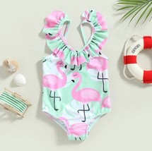 NEW Girls Flamingo Blue Ruffle Swimsuit Bathing Suit 18M 2T 3T 4T 5T - £8.64 GBP