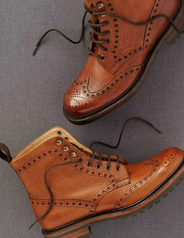 New Handmade Men Brogue Style Real Tan Leather Ankle Boots Lace-up Forma... - $179.99