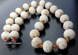 White Turquoise Necklace, Howlite, Hessonite Garnet, Bold Statement Necklace, St - £35.97 GBP