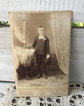 Gregory Antique Cabinet Card Young Boy beside tall candle Rosary Box holding Hat - £27.56 GBP