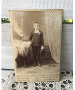 Gregory Antique Cabinet Card Young Boy beside tall candle Rosary Box hol... - $47.04 CAD