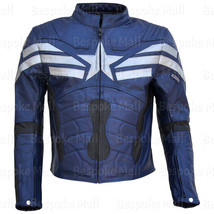 New Men Captain America Soldier Biker Blue Leather Jacket With Safety Armour-472 - £154.31 GBP